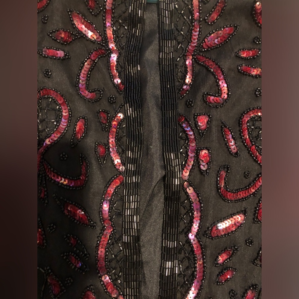 Vintage Black Beaded Open-Front Jacket with Pink Sequin Accents 80s retro glam L - Picture 8 of 16